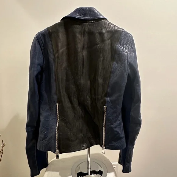 Vince Two-Tone Lamb Leather Moto Jacket - Black & Navy